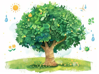 Environment The big tree is surrounded by environment-related elements illustrations