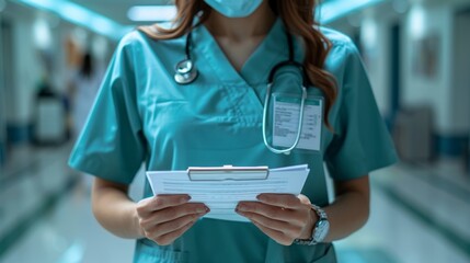 Nurse reviews documents in a hospital corridor