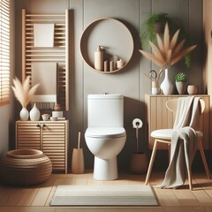 Bathroom interior with toilet in cozy and modern style, ceramic toilet bowl and wooden furniture, minimal decoration.