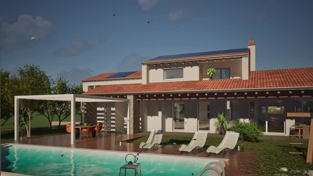 Modellazione 3D e video di edificio residenziale con piscina e bandiera al vento India
