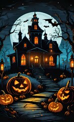 Fototapeta premium Dark haunted house decoration for Halloween party background with Pumpkin candle in Spooky Night, ghost day design concept, Horror creepy Houses scene.
