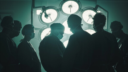 Obraz premium Medical team in silhouette huddled in a surgery room under bright operating lights.