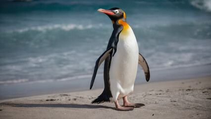 penguin standing on the beach with its beak open, full body