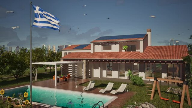 Modellazione 3D e video di edificio residenziale con piscina e bandiera al vento Grecia