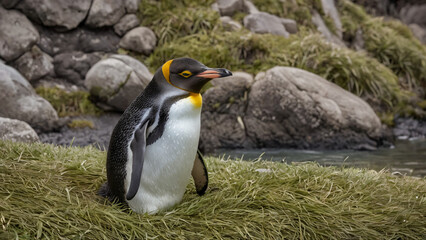 Fototapeta premium penguin that is sitting on the grass by the water,