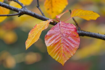 Obraz premium Colorful autumn leaf with water droplets