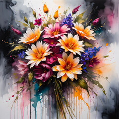 A bouquet of flowers is drawn in watercolors on a white background. Splashes of paint