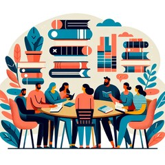 Group of diverse people sitting around a table, reading books and having a discussion.