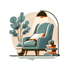 A comfortable armchair with a pillow and a floor lamp with some books and a plant next to it