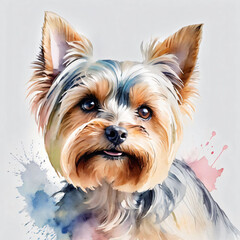 Yorkshire Terrier paints with watercolors on a white background.
