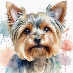 Yorkshire Terrier paints with watercolors on a white background.
