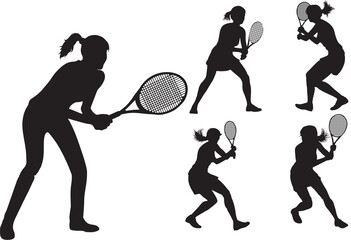 Girl Tennis Player in multiple position and poses Silhouettes. High quality sports design element for poster, banner regarding tournament and competitions. Active healthy life style icon.