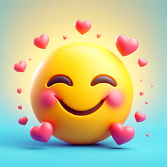 Smiley jaune amoureux avec des cœurs roses en 3D