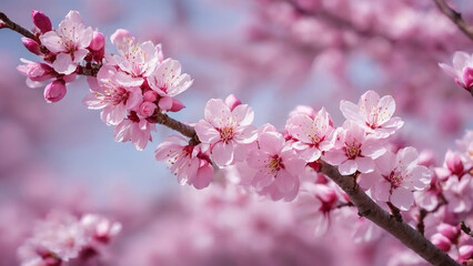 Obraz premium pink flower on a branch with a blue sky in the background,