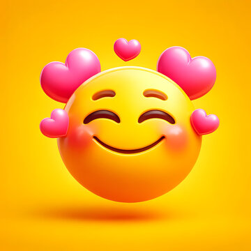 Smiley 3d jaune exprimant l'amour avec des c&oelig;urs vibrants
