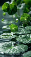 Dynamic composition of Gotu Kola, with leaves seemingly floating above the surface, for a modern herbal presentation