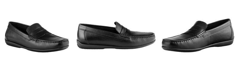 Set men's pair of black moccasins on isolated white background close-up