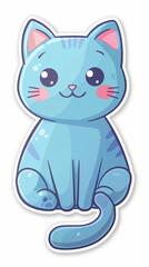 Fototapeta premium A blue cat sticker designed in a simple Q version cute style, featuring a pink expression. The sticker is in the style of a white background with a blue cartoon flat solid color background