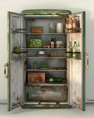 Fototapeta premium Open refrigerator that needs cleaning with old food. Spoiled vegetables and meal with an expired shelf life