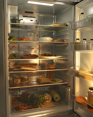 Open refrigerator that needs cleaning with old food. Spoiled vegetables and meal with an expired shelf life