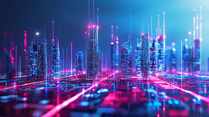 Obraz premium A futuristic night city. An urban landscape on a colorful background with bright and glowing neon lights. Wide view of the city front.
