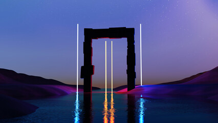 3D render, Surreal futuristic dream landscape with neon light and stone portal on dune and lake, twilight fantasy scene.