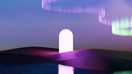 3D render, Surreal scene of light arches on dune with aurora light sky background, fantasy landscape background.