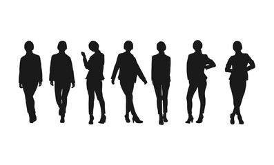Business Woman Standing set silhouette. Business men and women, group of people at work. Set of businessman vector silhouettes, group of women in formal dress. black color isolated on white background