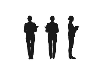 Business Woman Standing set silhouette. Business men and women, group of people at work. Vector silhouettes of men and a women, a group business people. black color isolated on white background.