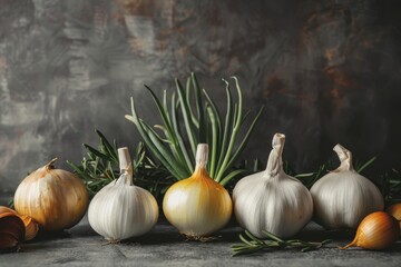 Assortment of fresh onions and herbs on a dark background