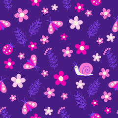 Vector seamless pattern of neon purple flowers and insects at night. Stylized butterflies neon pink and purple colors on a dark background