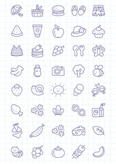 Kawaii picnic icon set. Collection of cute hand drawn summer stickers (food, picnic basket, parasol, hat, flip flops, sunscreen) on a checkered background. Vector 10 EPS.
