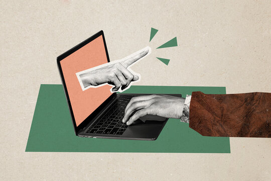 Composite photo collage of hand type macbook device office equipment arm peek screen index finger show point isolated on painted background