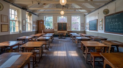 A traditional classroom setting with rows of wooden desks and chairs, a chalkboard or whiteboard at the front of the room