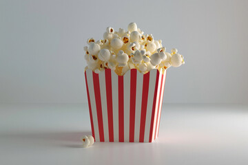 Large and full red and white package of popcorn on white background. The pack is filled to the top and popcorn is lying on floor
