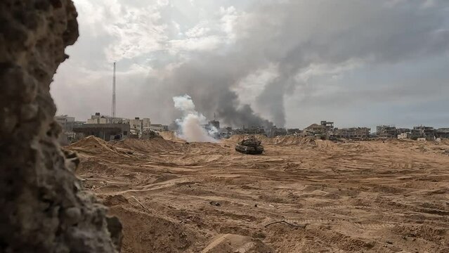 Smoke coming out after missile attack in the city of Gaza during Israel Hamas war armed conflict, 2024