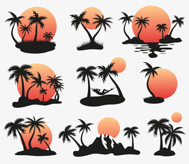 Silhouettes of palm trees on the island. Waiting for summer. The sea and the beach. Tropical set.