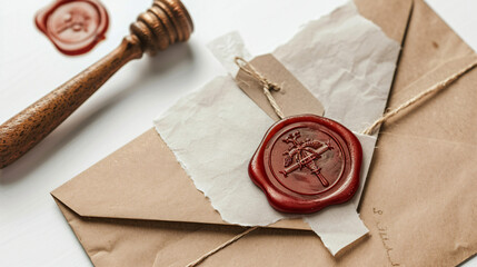 Envelopes with wax seal stamp of notary public on white