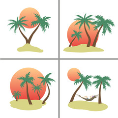 Beach. Silhouettes of palm trees. Colorful tropical set. Waiting for summer.