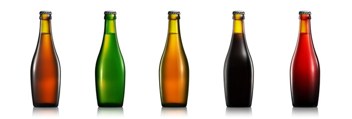 Set of bottle of beer or cider isolated on white background