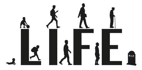 A man's life from birth to death. Men, stages of development, silhouettes.