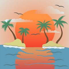 A peaceful view of the sunset. Palm trees on the island. Tropical relaxation. Summer season.