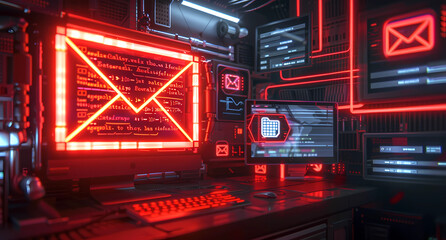 A red neon light shines on an email icon