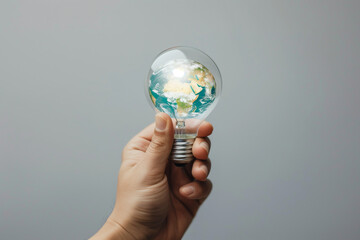 Hand holding a clear light bulb with a vivid depiction of the Earth, Concept of innovation in sustainability and environmental awareness.
