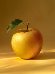 Delicious golden apple with green leaf