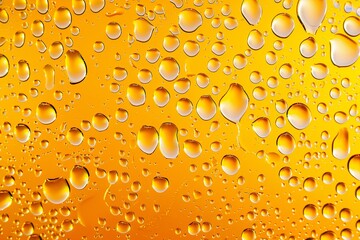 Close-up of water drops on an orange background. Abstract yellow wet texture with bubbles on the surface of window glass. Raindrop