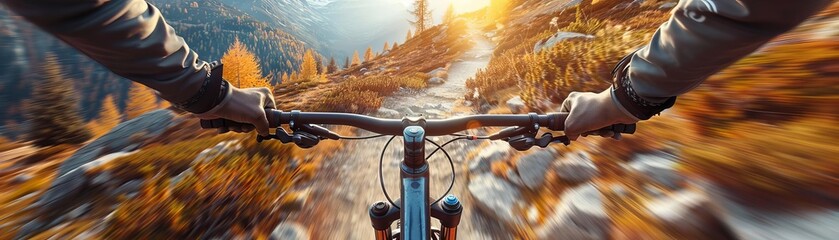 A cyclist training on a mountain trail, with a focus on the intense physical effort and beautiful natural surroundings, illustrated in a breathtaking, adventurous style