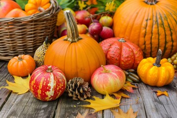 Autumn harvest display with pumpkins, apples, and fall foliage