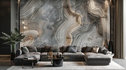 A spacious living room elegantly designed with a large marble texture accent wall behind a cozy grey sofa set and stylish decor