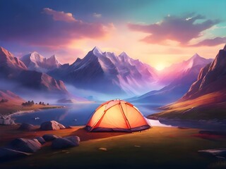 Experience the serene beauty of a mountain sunset with our stunning AI artwork featuring a tent amidst majestic peaks